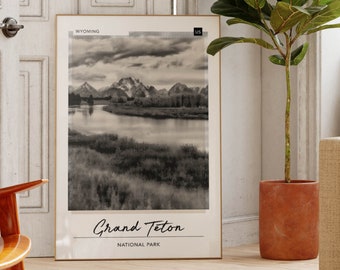 Grand Teton National Park Poster, Black and White Wyoming Print