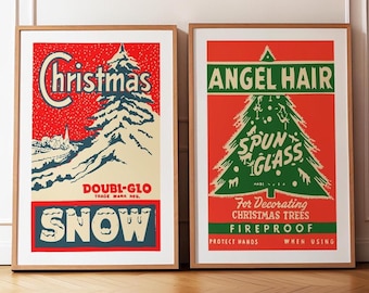 May include: Two vintage Christmas tree decoration boxes. The box on the left is red with white text that reads "Christmas Doubi-Glo Trade Mark Reg. Snow". The box on the right is red with white text that reads "Angel Hair Spun Glass For Decorating Christmas Trees Fireproof Protect Hands When Using".