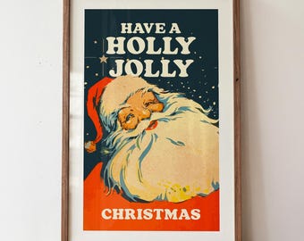 Holly Jolly Santa Print: Retro Christmas Art, Kitschy Holiday Decor