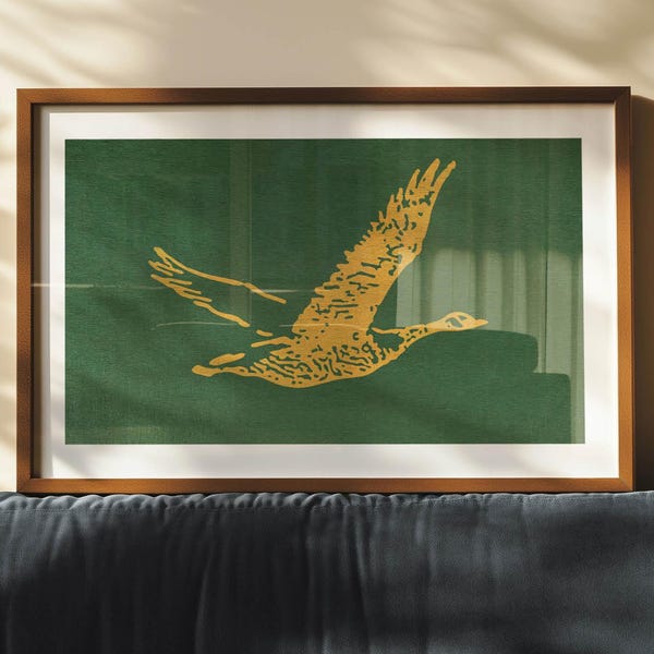 Print vliegende wilde eend: retro buitenkunst poster wildlife eend buiten, rustiek decor meerhuis