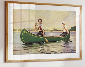 Lake & Paddle Print: Retro Canoe Poster, Outdoors Art, Nature Art, Cabin Decor