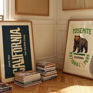 Juego de 2 impresiones de viajes retro de California, pósteres de arte de California, Golden State, arte de Yosemite, regalo para viajeros, decoración de pared al aire libre