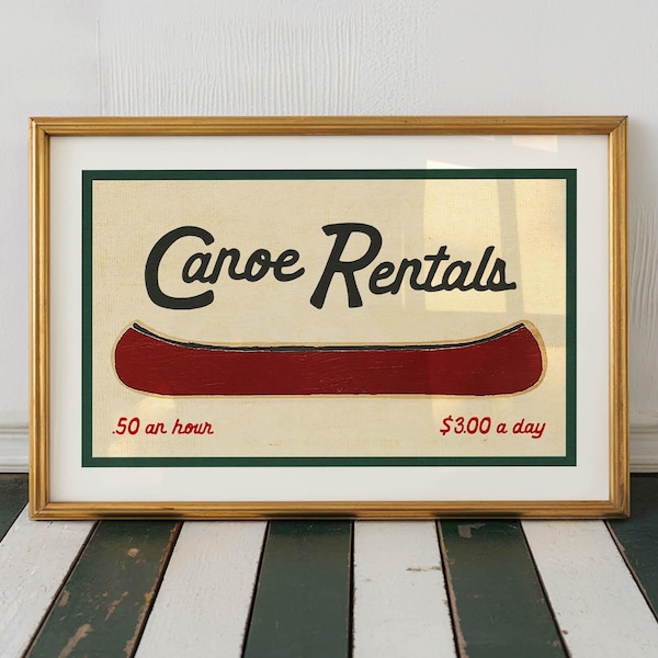 Retro Canoe Rentals Print: Rustic Lake House Wall Art