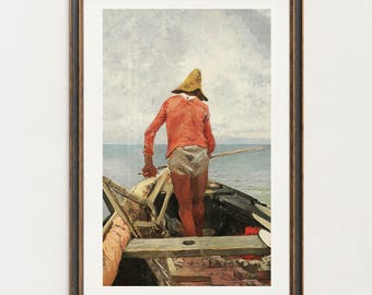 Retro Fisherman Art Print: Rustic Lake House Decor