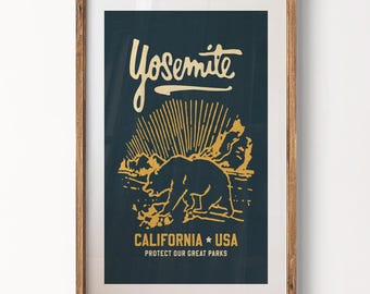 Retro Yosemite Bear Print: California Travel Poster