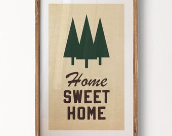 Retro Forest Home Print: Family Tree Poster, Cabin Wall Decor