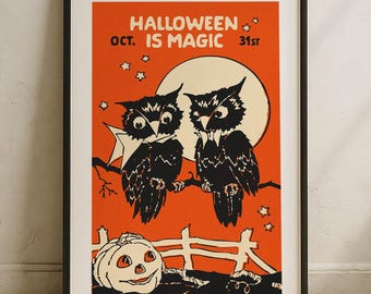 Retro Halloween Art Print, Magic Owl Poster, Fall Decor