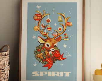 May include: A framed print with a vintage illustration of a cartoon deer with Christmas ornaments and the word "SPIRIT" in bold letters.