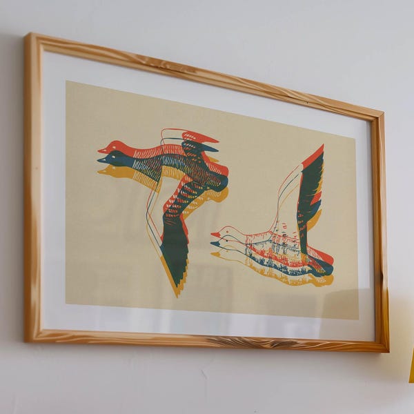 Riso Style Gänse Print Retro Natur Kunst Cabin Poster See Haus Dekor Outdoorsy Wandkunst