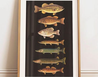 Stampa con motivo a pesce: arte retrò per esterni, poster di pesca, arredamento per case sul lago