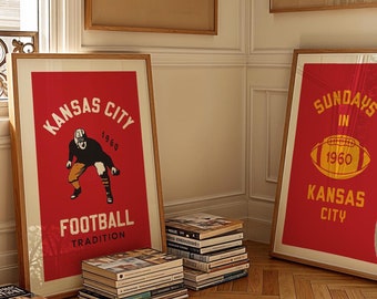 Retro Kansas City Sports Prints Kansas City Football Art Poster Set of 2 Sports Team Wall Art Football Decor Gift for Sports Lover