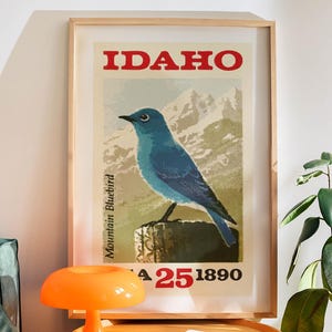 Retro Idaho Art Bluebird Druck Idaho Vogel Stempel Poster Idaho Wand Kunst Retro Zustand Wand dekor Geschenk für Reisende