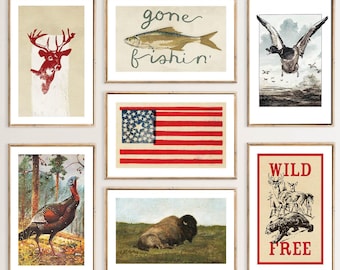 Retro US Wildlife Art Prints: Set of 7, Lake House Decor