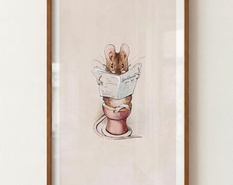 Reading Mouse Bathroom Art Print: Guest Restroom Wall Decor