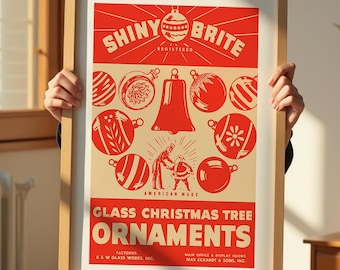 May include: A vintage poster advertising Shiny Brite glass Christmas tree ornaments. The poster features a red background with a white border and a circle of red ornaments with a bell in the center. The text "Shiny Brite" is in a red and white font. The poster also includes the text "American Made" and "Glass Christmas Tree Ornaments".