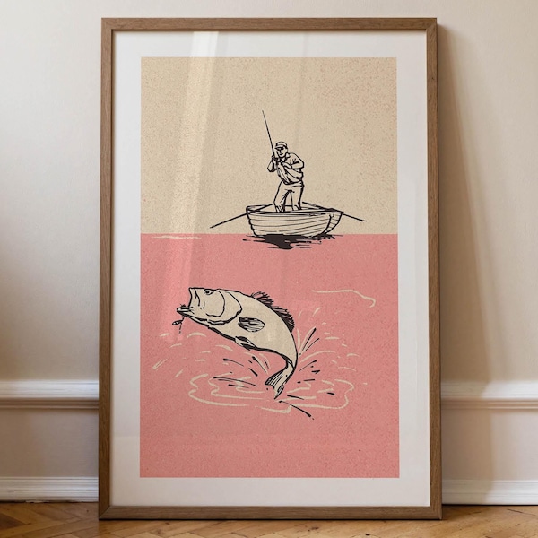 Pink Fishing Print: Retro Outdoors Cabin Art, Lake House Decor