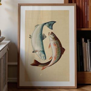 Forel en zalm: retro kunst buitenshuis, visposter, wanddecoratie hut
