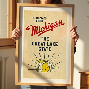 Retro Michigan Travel Print Michigan Art Wall Decor Vintage Michigan Poster Great Lakes Wall Art Gift For Michigander Outdoorsy Wall Decor
