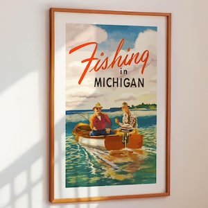 Michigan Fishing Print Gift for Fisherman Art Poster Retro Michigan Wall Decor Great Lakes Art Outdoorsy Wall Art Fishing Dad