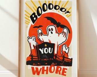 Funny Retro Halloween Ghost Art Print, Spooky Home Decor (Digital Download)