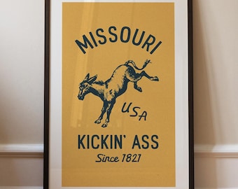 Retro Missouri Print: Kicking Donkey Poster, State Travel Wall Art