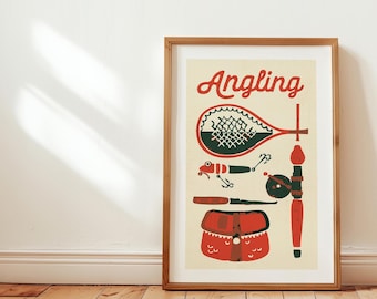May include: A vintage-style illustration of fishing equipment, including a fishing net, a lure, a fishing rod, and a tackle box. The illustration is in red, green, and black on a cream background. The text "Angling" is written in red cursive.