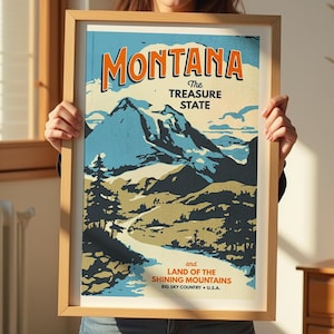 Affiche de voyage Montana rétro Montana Art Treasure State voyage affiche Montana cadeau pour ami décoration murale en plein air