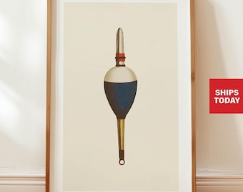 May include: A vintage illustration of a blue and white fishing bobber with a red and white top. The bobber is depicted in a framed print with a cream background.