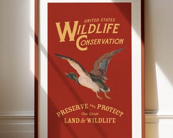 Conservation Print: Retro Wildlife Poster, Outdoors Art, Rustic Lake House Decor