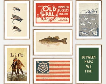 Retro Fishing Prints Outdoors Art Gift for Fisherman Set of 7 Angling Posters Cabin Wall Decor Outdoorsy Wall Art Dad Gift