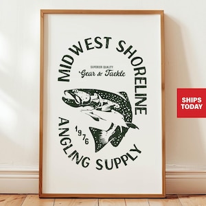 May include: A white poster with a green circle logo that says "Midwest Shoreline Angling Supply 1976" with the words "Superior Quality Gear & Tackle" inside the circle. The logo also features a black and white illustration of a fish jumping out of the water.