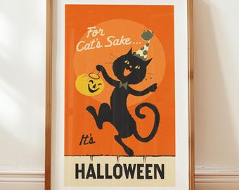 For Cat's Sake Print: Retro Halloween Art, Black Cat Poster, Fall Decor