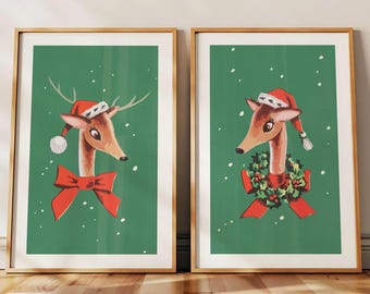 Retro rendierenprints: kerstkunst, feestelijke decoratie, keukenmuurset