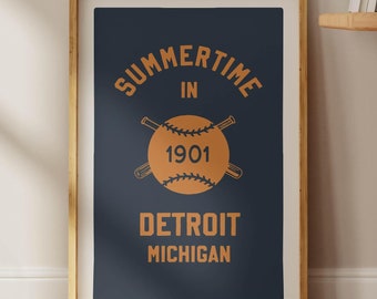 Retro Sports Team Print Detroit Michigan Baseball Wall Art Baseball Team Poster Detroit Wall Decor Sports Party Gift for Friends