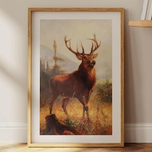 Trophy Stag Painting Retro Hunting Print Vintage Deer Hunting Cabin Wall Decor Outdoorsy Wall Art Deer Poster Hunter Artwork Dad Gift Him