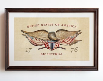 US Bicentennial Print: Eagle & Flag Poster, Patriotic Wall Art