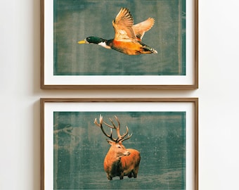 Stampe artistiche rustiche di cervi e anatre: set di 2, decorazioni per la casa in stile outdoor.