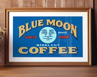 Retro Moon Coffee Label Print: Rustic Kitchen Decor