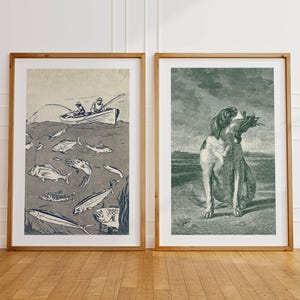 May include: Two framed vintage prints. One depicts a fishing scene with a boat and fish, the other a dog with a bird in its mouth. Both prints have a neutral color palette and are displayed on a wooden floor.