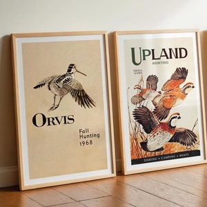 Póster de arte de caza retro, juego de 2 impresiones de arte de aves acuáticas, impresiones de pared de caza, decoración de caza de aves, regalo para cazadores, arte de pared de vida salvaje al aire libre