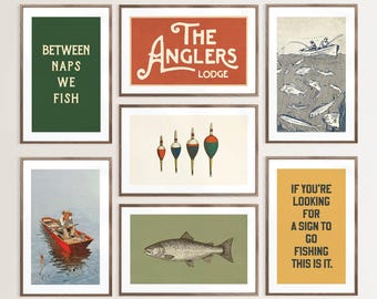 Fisherman Prints Retro Outdoors Art Fishing Art Gift for Dad Set of 7 Sporting Posters Cabin Wall Decor Outdoorsy Wall Art Lake House
