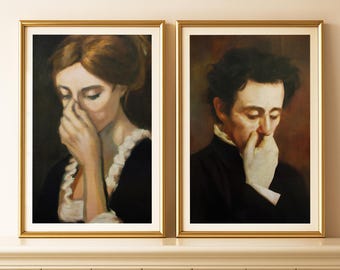 May include: Two framed portrait paintings. The first depicts a woman with auburn hair, wearing a black dress with white lace. The second shows a man in a black coat. Both portraits feature subjects with their hands near their faces.