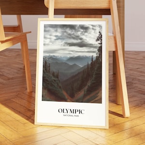 Cartel rústico del Parque Nacional Olímpico / Impresión de viajes campestres / Arte moderno de mediados de siglo / Decoración minimalista / Arte de pared de estilo vintage / Regalo