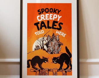 Spooky Tales Print: Retro Halloween Art, Black Cats Poster