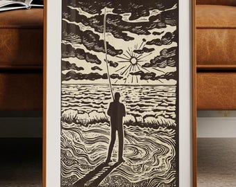 Sunset Fishing Print Retro Outdoors Art Fisherman Poster Outdoorsy Rustic Cabin Decor