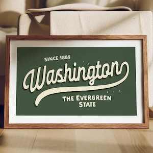 Impresión artística retro de Washington, póster del estado de Evergreen, decoración de pared de Washington, arte de pared retro de Estados Unidos, regalo para viajeros o habitantes de Washington
