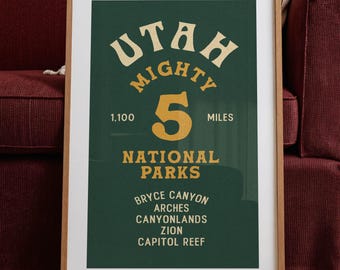 Mighty 5 Print: Retro Utah National Park Poster Outdoors Wall Art