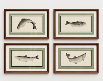 Lake Fishing Prints: Retro Outdoors Art, Fish Posters, Set of 4