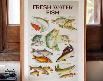 Retro Fresh Water Fish Print, Vintage Style Fishing Poster