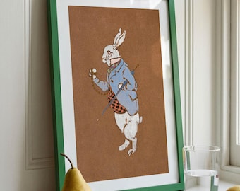 Tea Time Print: Retro Easter Art White Rabbit Poster Holiday Decor